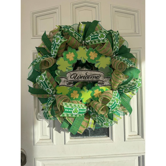 Welcome Shamrock Clover Saint Patrick’s Day Mesh Ribbon Wreath Door Hanger - Picture 1 of 9
